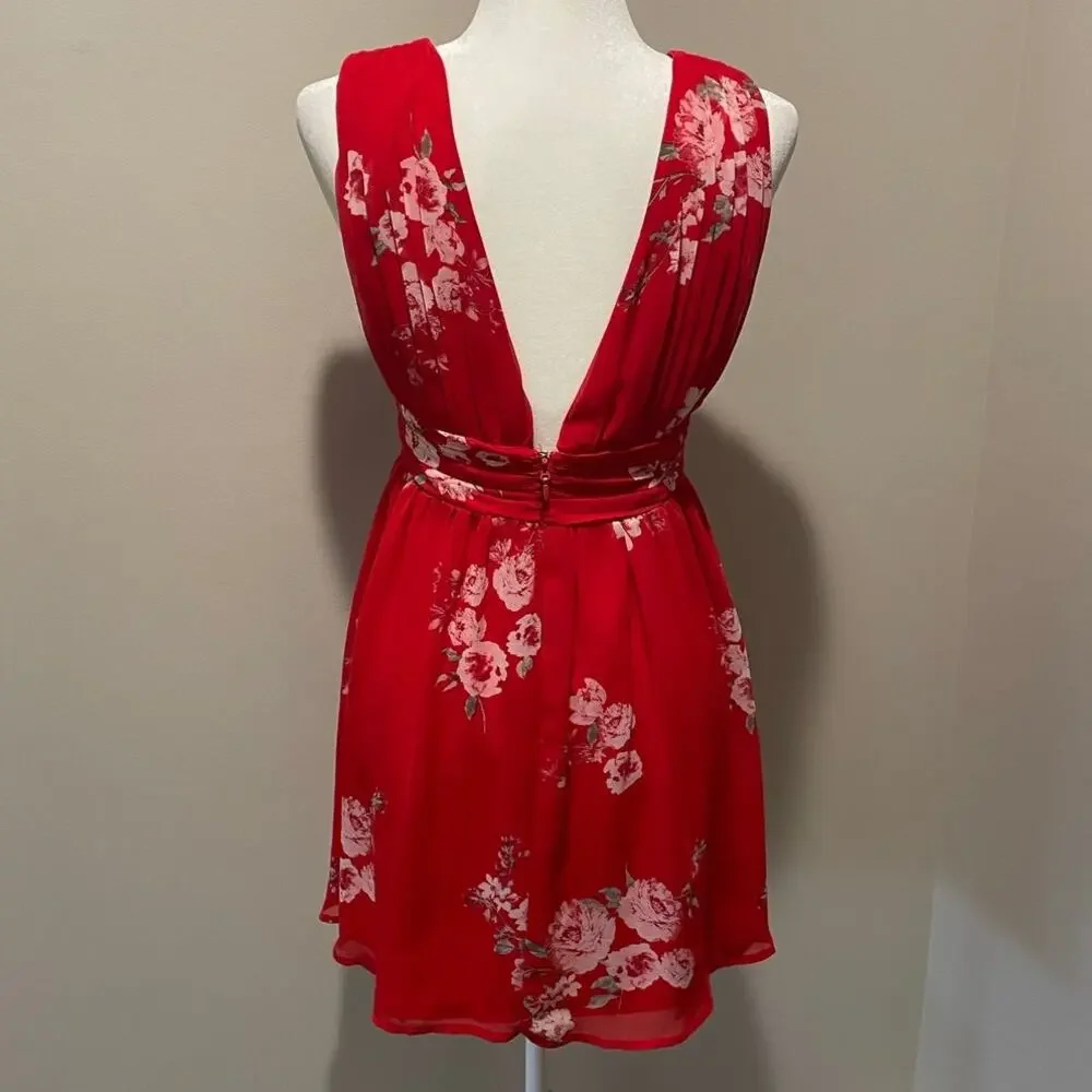 Lulus Milana Red Floral Mini Dress Sz S Ruched Plunge Neckline Flirty Party - Picture 6 of 16